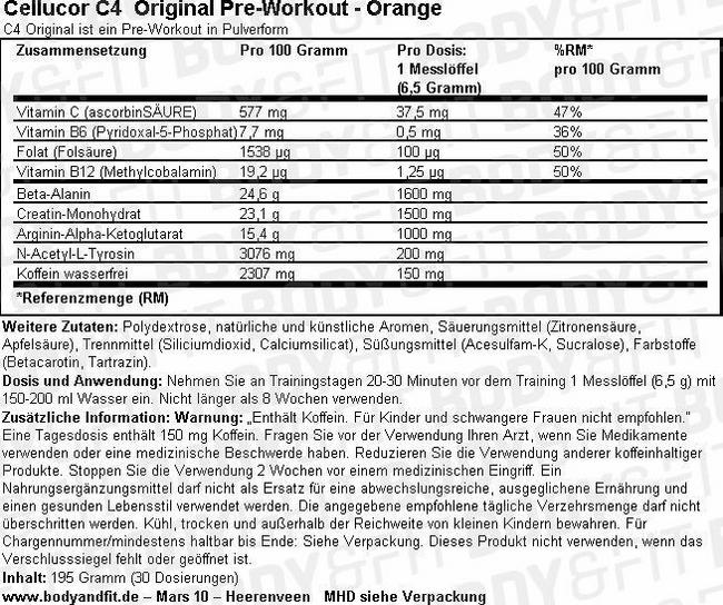 C4 Original Pre-Workout Nutritional Information 1