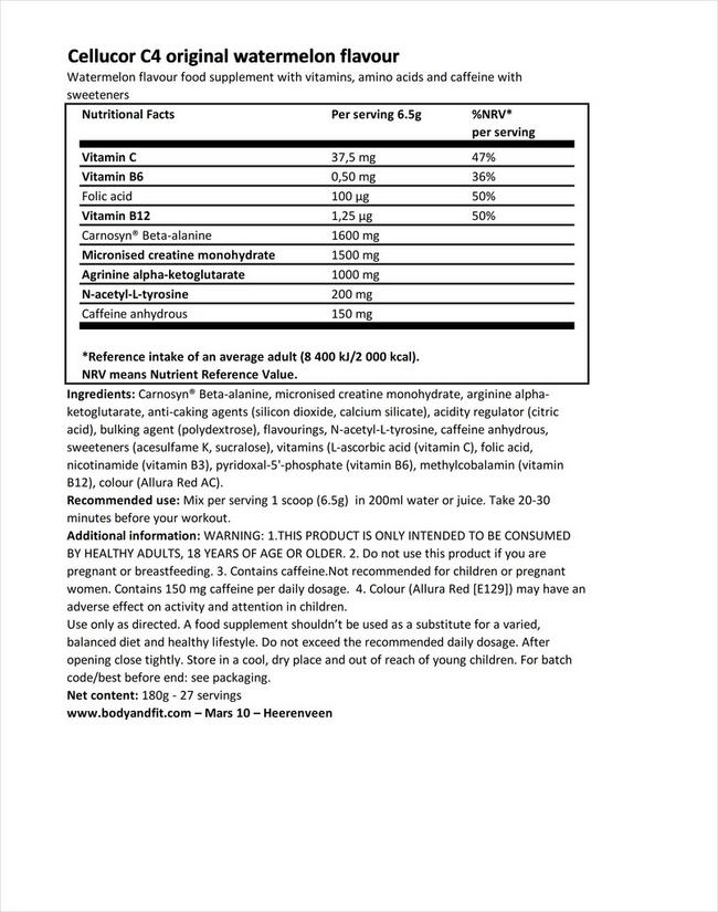 C4 Original Pre-Workout Nutritional Information 1