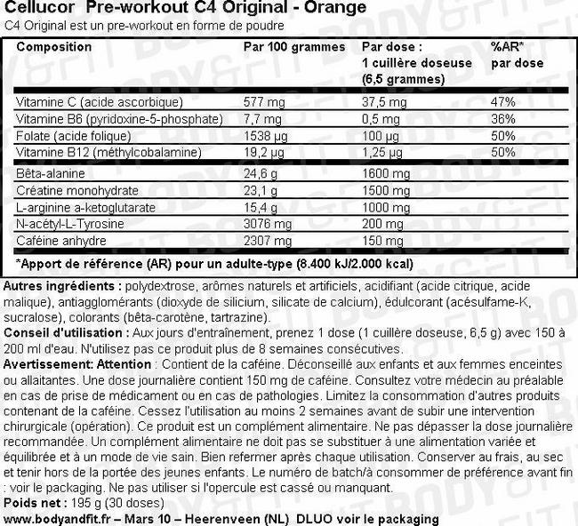 C4 Original Pre-workout Nutritional Information 1