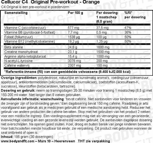 C4 Original Pre-workout Nutritional Information 1