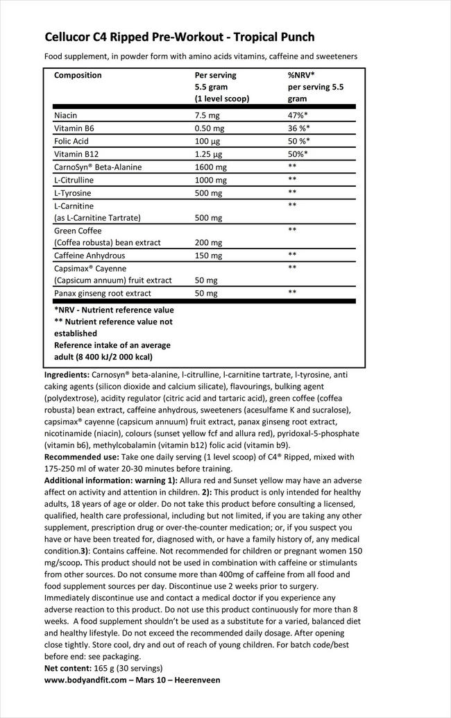 C4 Ripped Pre-Workout Nutritional Information 1