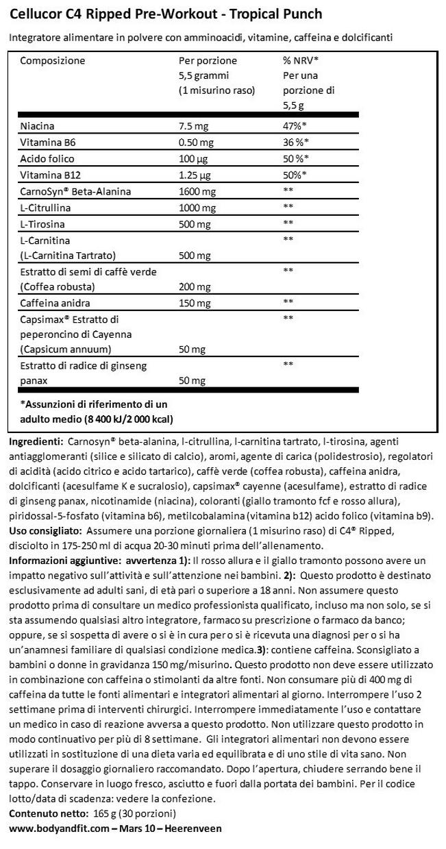 C4 Ripped Pre-Workout Nutritional Information 1
