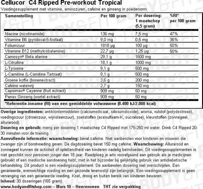 C4 Ripped Pre-Workout Nutritional Information 1