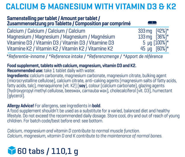 Calcium Magnesium + Vitamin D3 and K2 Nutritional Information 1