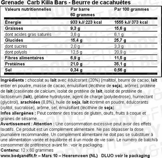 Grenade Carb Killa Barres protéinées  Nutritional Information 1