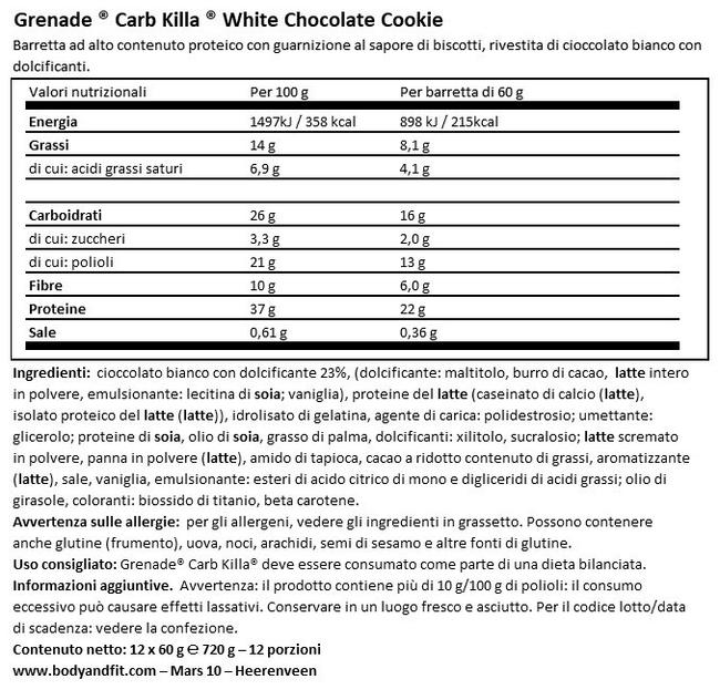 Grenade Carb Killa Barrette Proteiche Nutritional Information 1