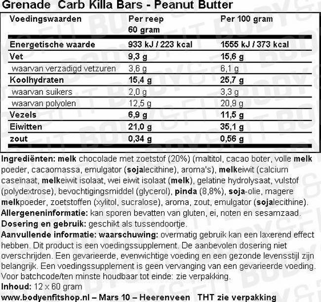 Grenade Carb Killa Protein Bars Nutritional Information 1