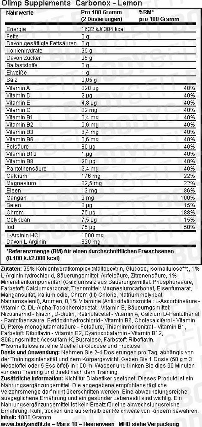 Carbonox Nutritional Information 1
