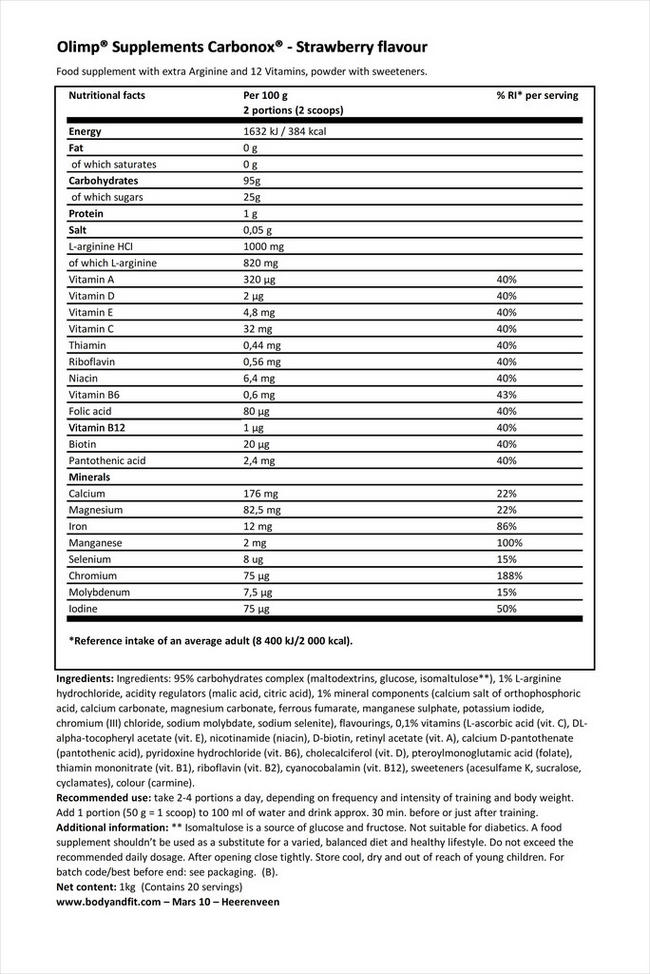 Carbonox Nutritional Information 1