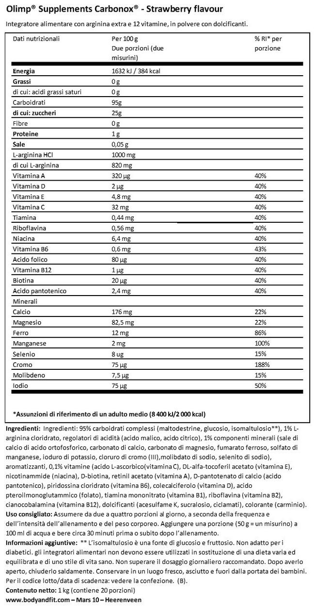Carbonox Nutritional Information 1