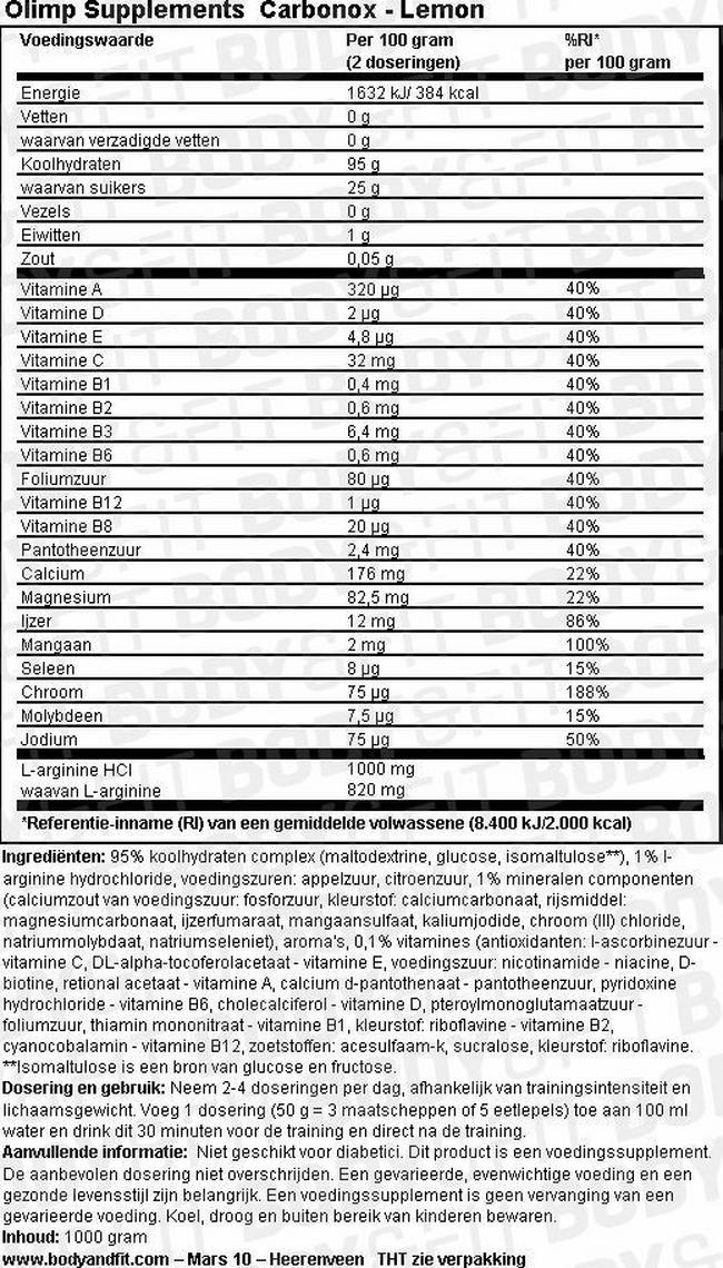 Carbonox Nutritional Information 1