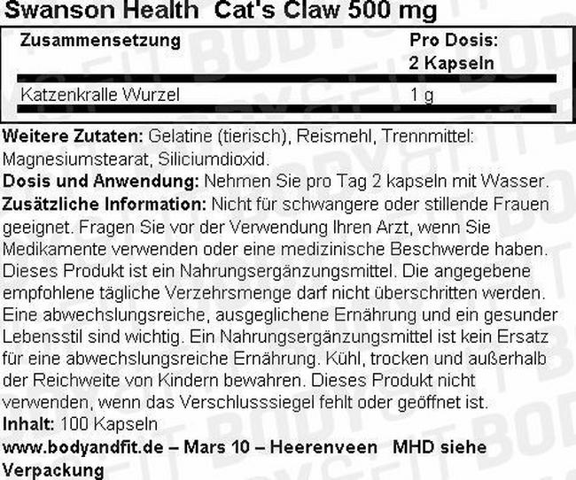 Cat´s Claw 500 mg Nutritional Information 1