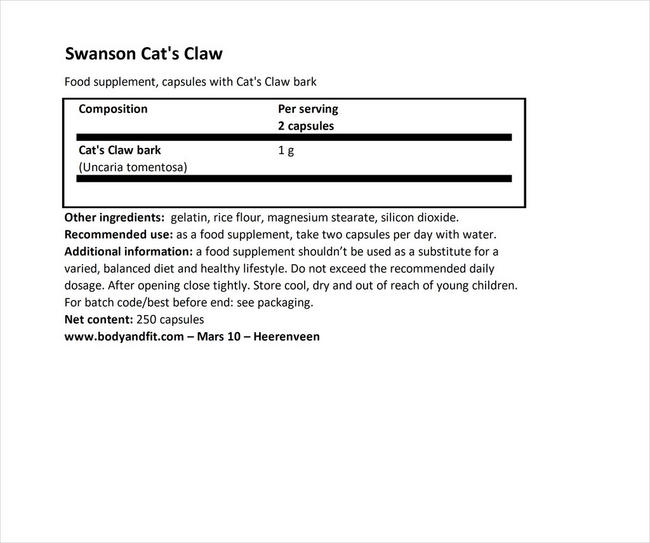 Cat´s Claw 500mg Nutritional Information 1