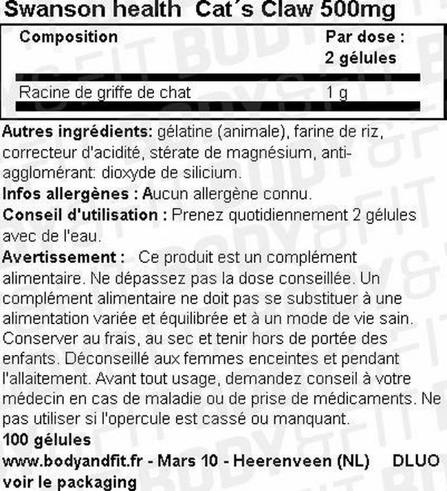 Griffe de chat 500mg Nutritional Information 1