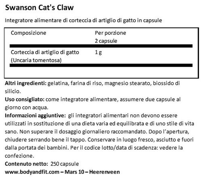 Artiglio di gatto 500 mg Nutritional Information 1