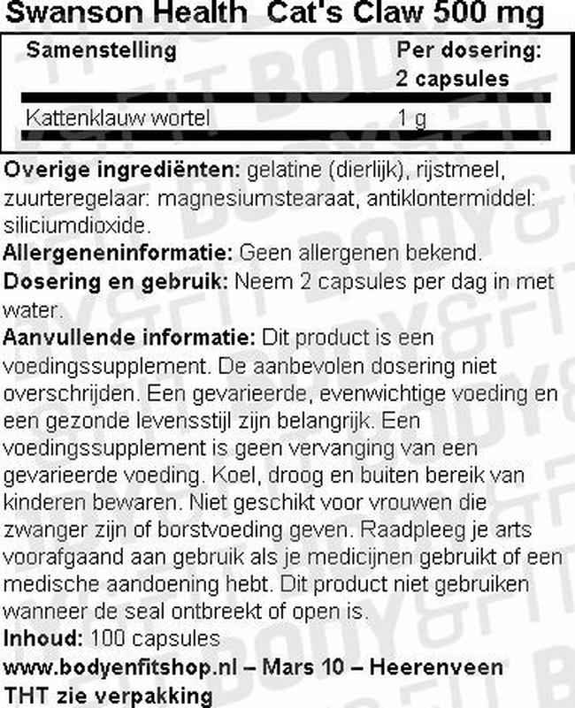 Cat´s Claw 500mg Nutritional Information 1