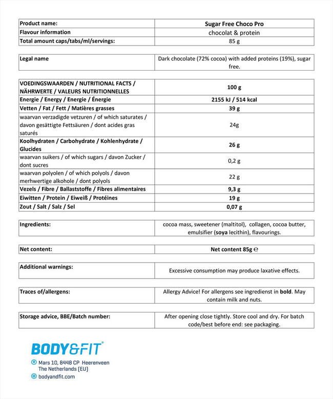 ChocoPro chocolate bar Nutritional Information 1