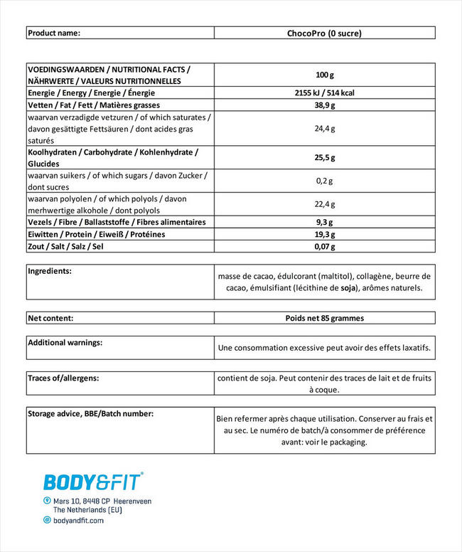 Barre chocolatée ChocoPro Nutritional Information 1