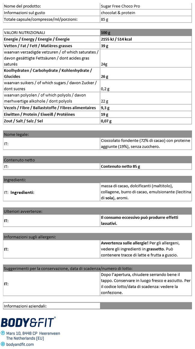 ChocoPro chocolate bar Nutritional Information 1