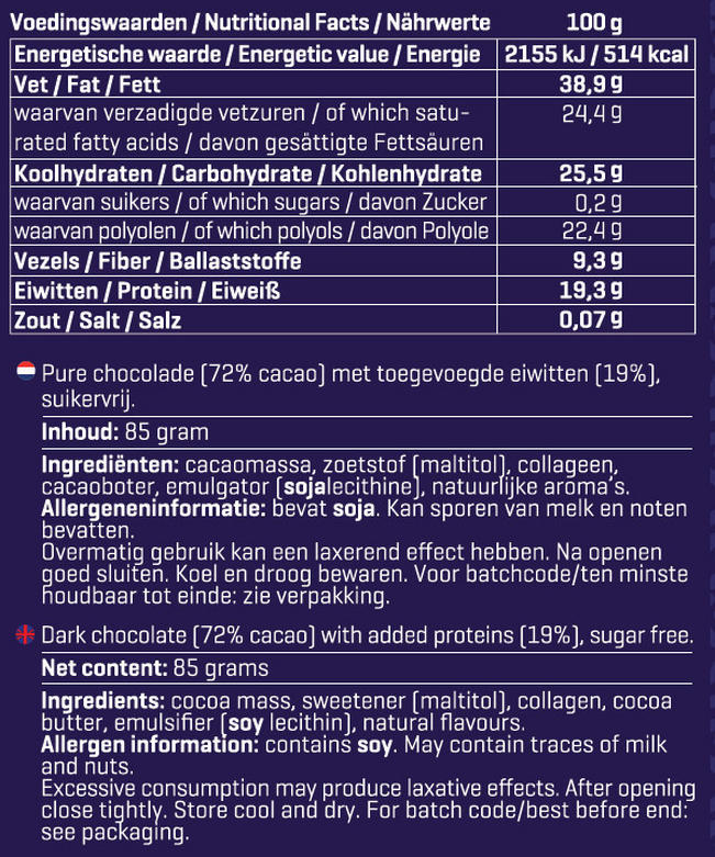 ChocoPro (0 suiker) Nutritional Information 1