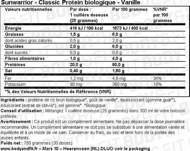 Protéine végétale Classic Protein Nutritional Information 1