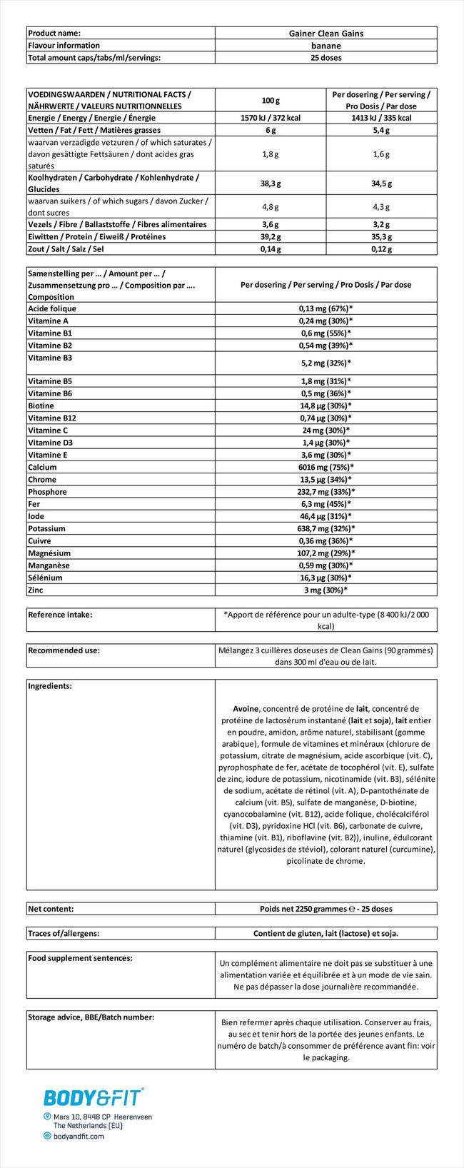 Gainer Clean Gains Nutritional Information 1