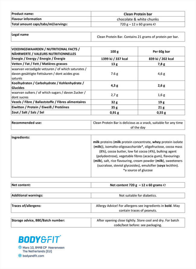Clean Protein Bar  Nutritional Information 1