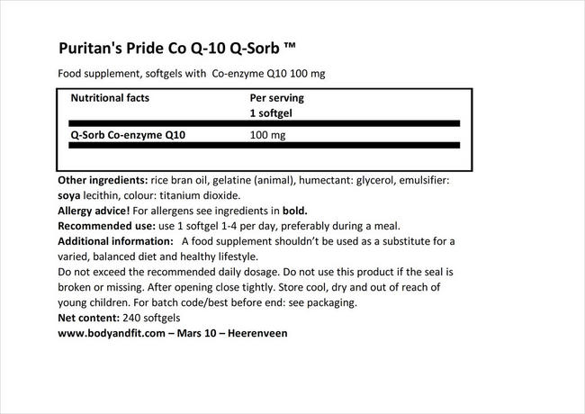 Q-SORB™ Co Q10 100 mg Nutritional Information 1