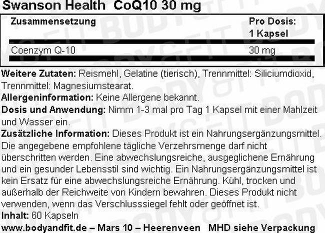 CoQ10 30 mg Nutritional Information 1