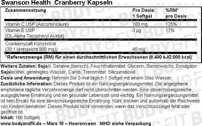 Cranberry Kapseln Nutritional Information 1