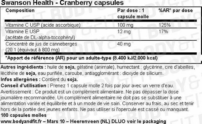 Capsules molles de canneberges Cranberry Capsules Nutritional Information 1