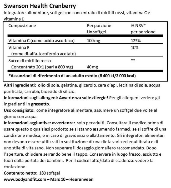 Capsule di Mirtillo rosso concentrato Nutritional Information 1