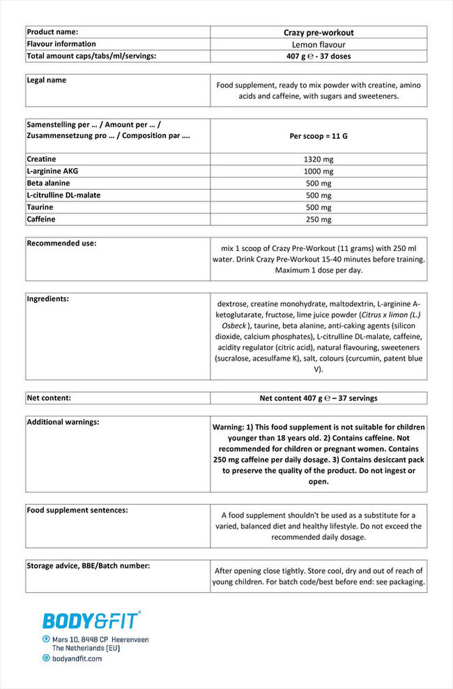 Crazy Pre-Workout Nutritional Information 1