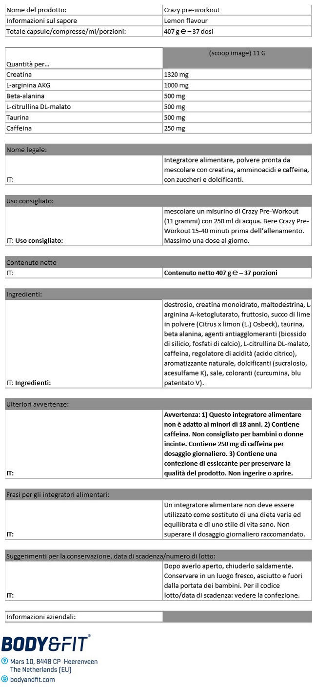 Crazy Pre-Workout Nutritional Information 1
