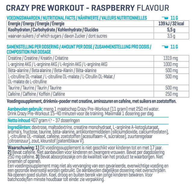 Crazy Pre-Workout Nutritional Information 1