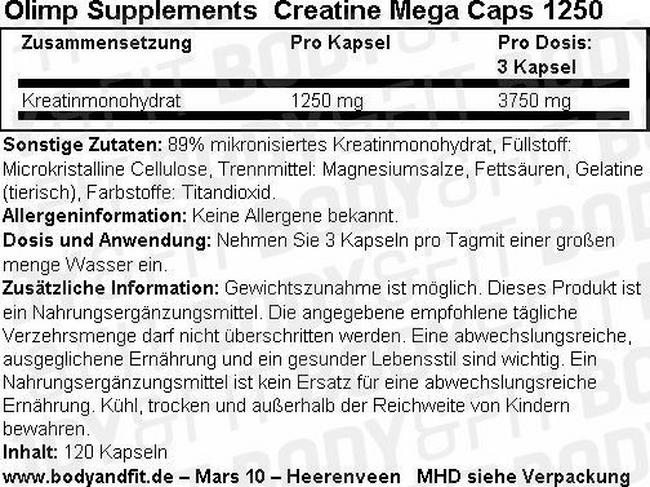Creatine Mega Caps 1250 Nutritional Information 1