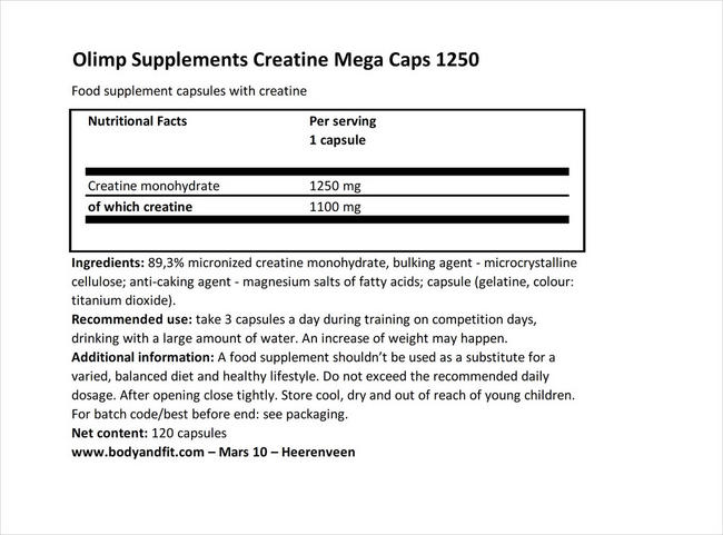 Creatine Mega Caps 1250 Nutritional Information 1