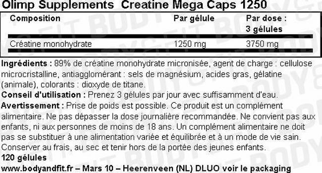 Creatine Mega Caps 1250 Nutritional Information 1