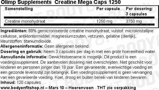 Creatine Mega Caps 1250 Nutritional Information 1