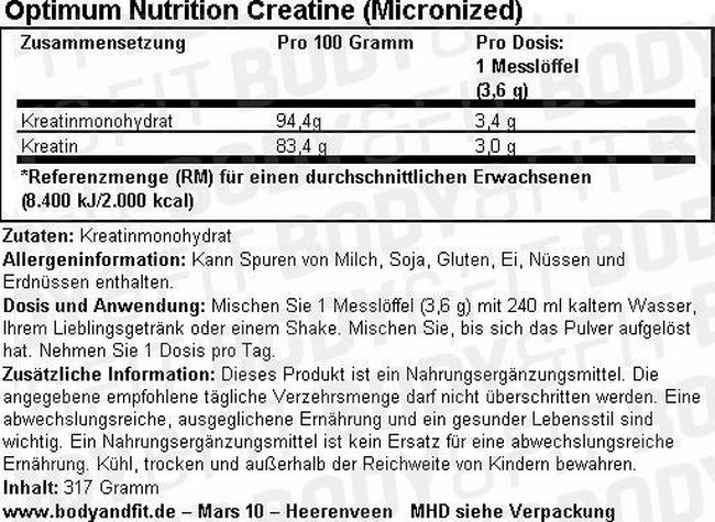 Creatine (Micronised) Nutritional Information 1