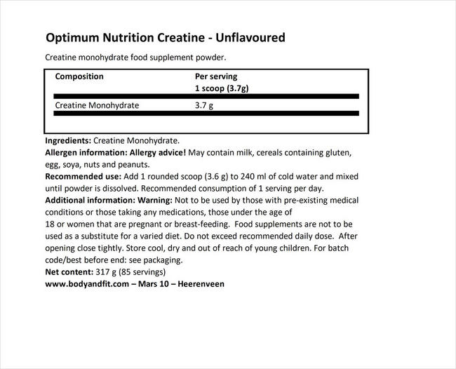 Micronised Creatine Powder Nutritional Information 1