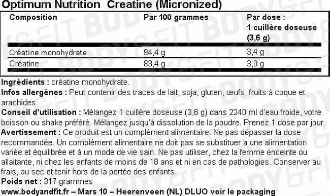 Creatine (Micronized) Nutritional Information 1