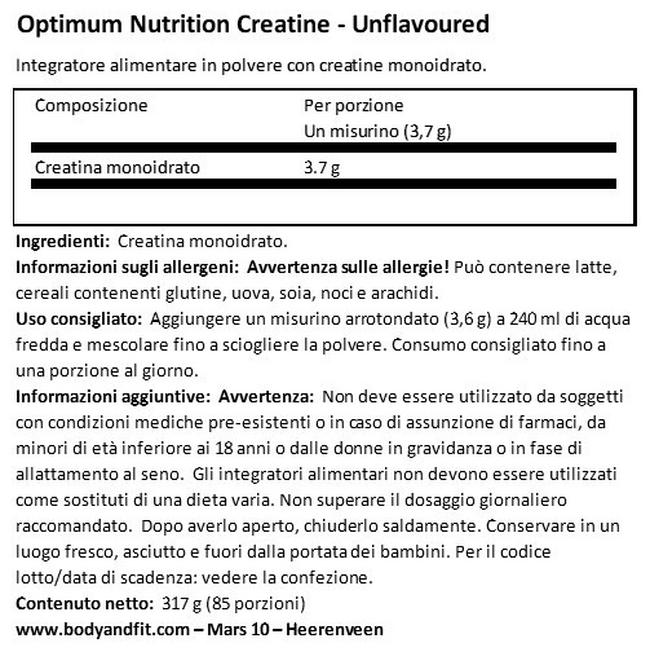 Creatine Micronized Powder Nutritional Information 1