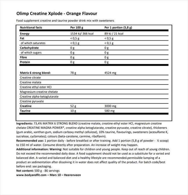 Creatine Xplode Nutritional Information 1