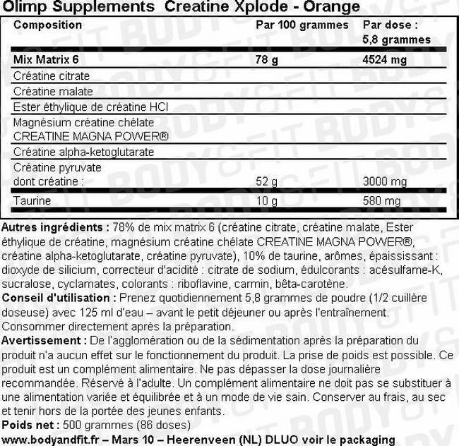 Poudre Creatine Xplode Nutritional Information 1