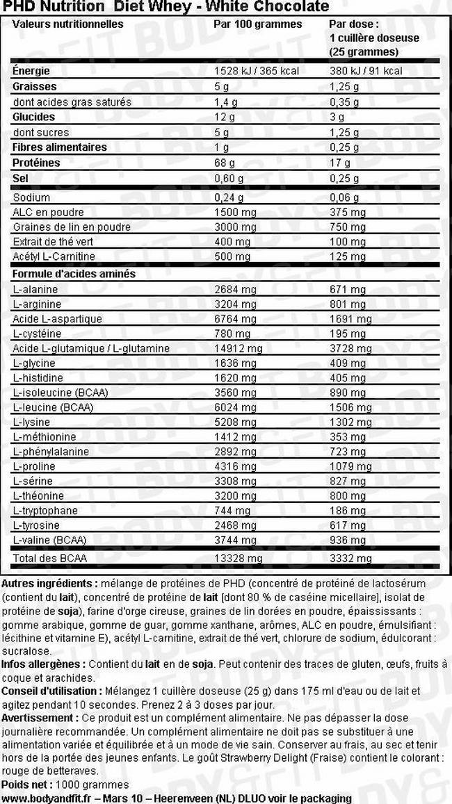 Protéines en poudre de régime Diet Whey Nutritional Information 1