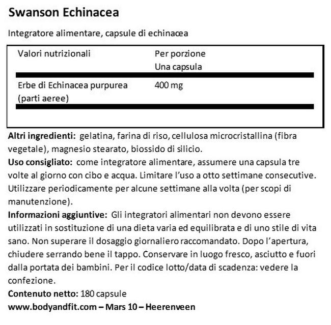 Echinacea 400 mg Nutritional Information 1