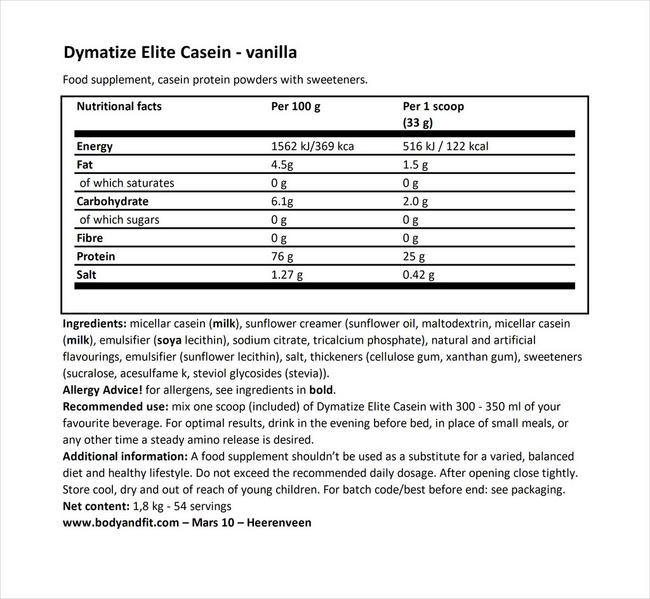 Elite Casein Nutritional Information 1