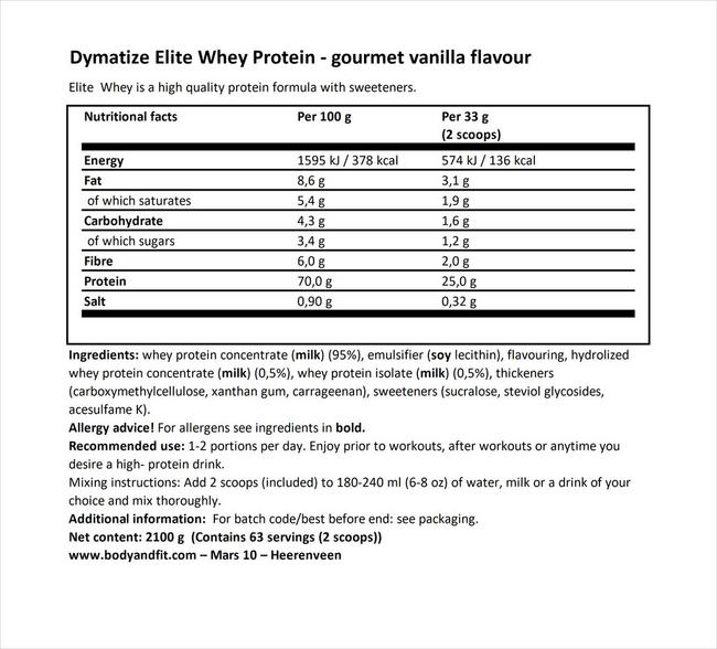 Elite 100% Whey Nutritional Information 1