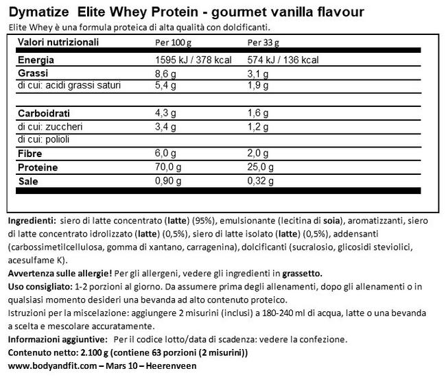 Elite 100% Whey Nutritional Information 1